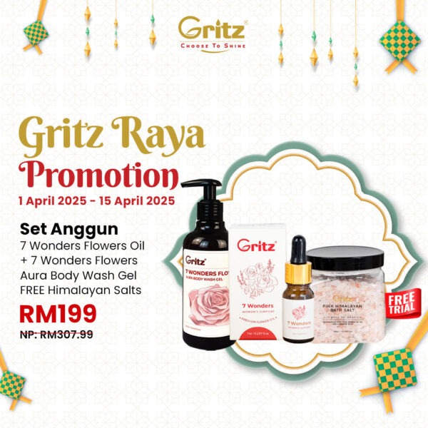 Raya SALE! First Free Trial- Set Anggun 7 Wonders Flowers Oil + 7 Wonders Flowers Aura Body Wash Gel FREE Himalayan Salts